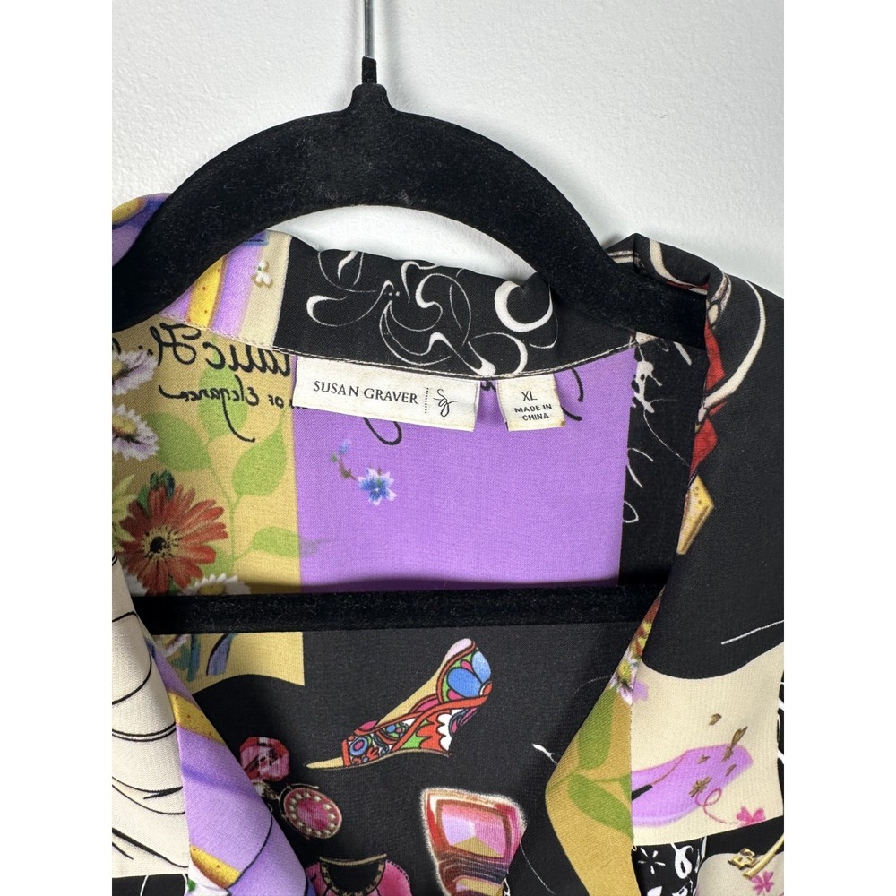 Susan Graver XL Womens Top Button Short Sleeve Girly Makeup Patch Design Colors - Picture 7 of 13